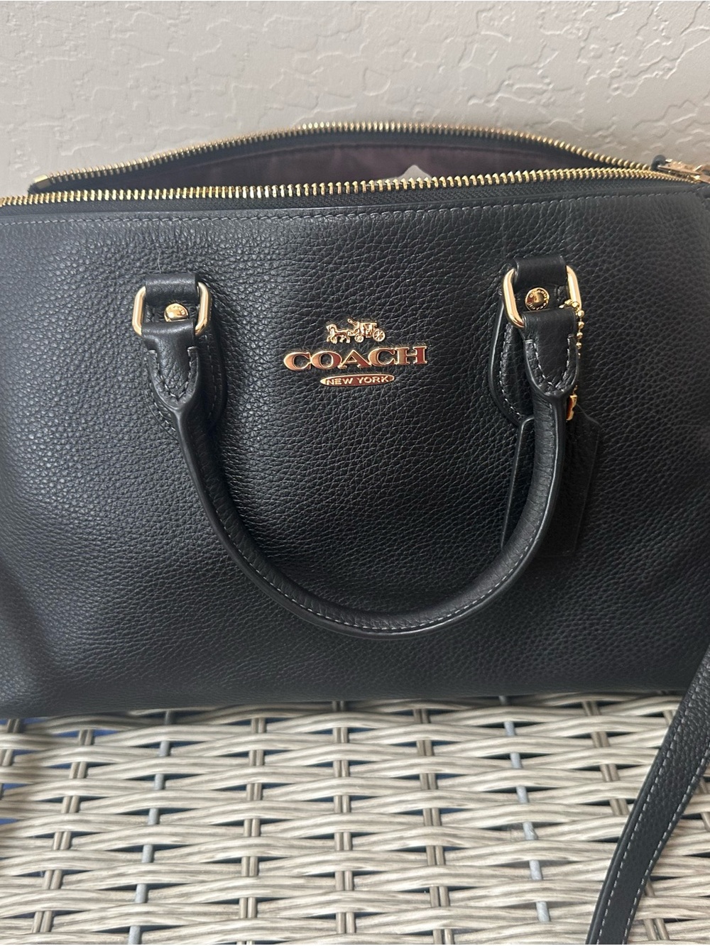 Coach Black Pebbled Leather Satchel with Gold Logo - Picture 2 of 4